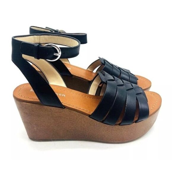 Marc Fisher Woven Leather Wedges with Ankle Strap Pastya Black 9 M Heels New - Picture 4 of 8